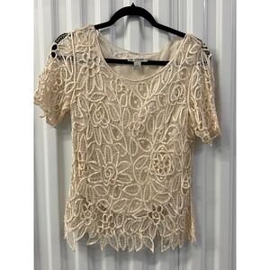 Silken Poetry Lace Top Womens Large Cream Excellent Beaded Silk Floral Blouse